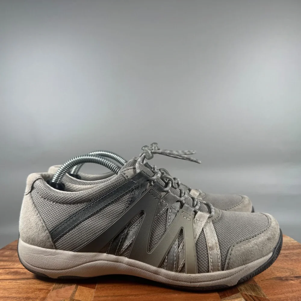 Dansko Elise Grey Leather Mesh Bungee Lace Up Walking Sneakers Womens 37 6.5-7‎